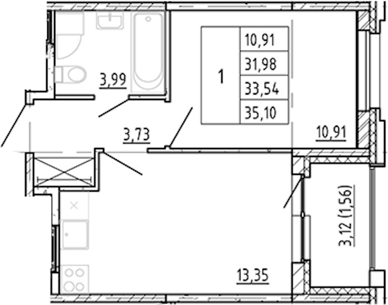 1-комнатная квартира 31.98 м², 6/12 эт., ЖК «Полис Новоселье»